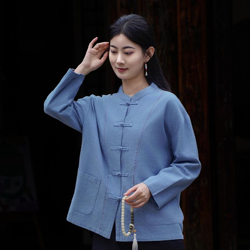 

2025 Spring Collection: Women s Cotton Linen Zen Meditation Top with Frog Buttons - Chinese Style for Tea Ceremony & Tai Chi Practice Small небо синє кольору