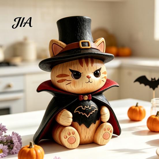 Trendy Desk Accessories Vintage Witch Cat Halloween Decoration, Small Wooden Unique Gift for Her Figurine Farmhouse Mantel, Bookshelf Table,