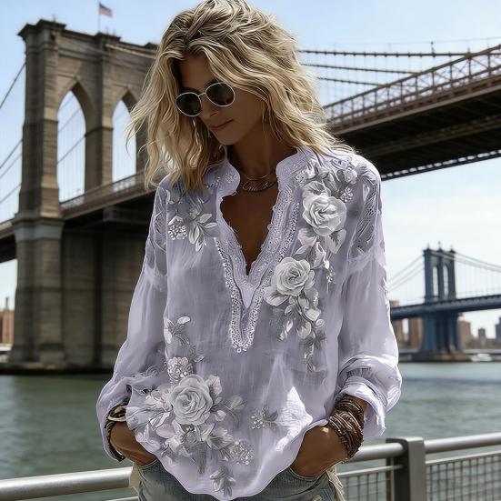 Women Shirt Oversize V-Neck Long Sleeve Casual Spring Autumn Shirt 3D Flower Printed Pattern Relaxed Fit Shirt Daily Wear