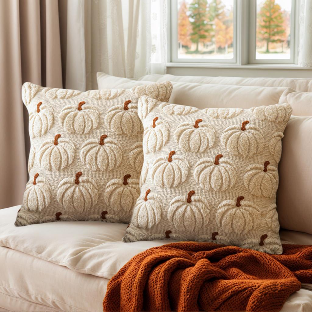 Halloween Pumpkin Fall Throw Pillow Covers Embroidery Soft Faux Fur Pillow Covers Plush Pillow Case for Living Room Bedroom Sofa