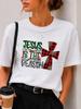 (Asian Size) plaid letter Merry Christmas Fashion Short Sleeve T-shirts Women's Top O-neck T Shirt Print Casual New Year Clothing Graphic Tee