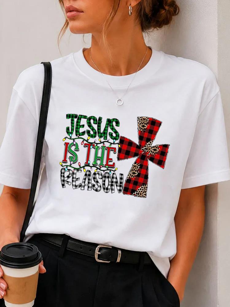 (Asian Size) plaid letter Merry Christmas Fashion Short Sleeve T-shirts Women's Top O-neck T Shirt Print Casual New Year Clothing Graphic Tee