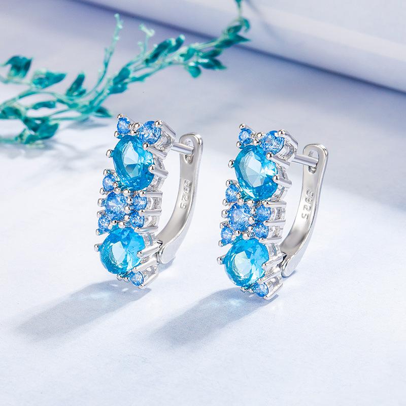 2026 Diamond-encrusted Sea Blue Zircon Earrings Women's European and American Temperament Light Luxury Sea Blue Zircon Earrings Ear Buckle Jewelry