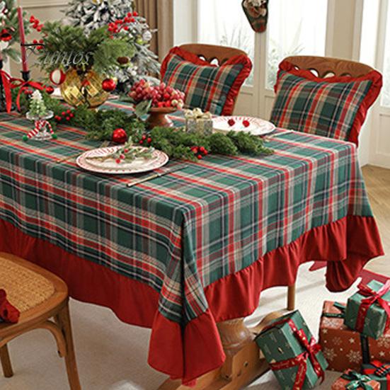 Elegant Ruffled Table Decor Retro Plaid Christmas Runner, Red Trim Decorative Mat, Classic Party Decoration & Green Holiday Mat for Dining,