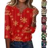Women's Christmas Print V-Neck Button Three-Quarter Sleeve Casual T-Shirt Top