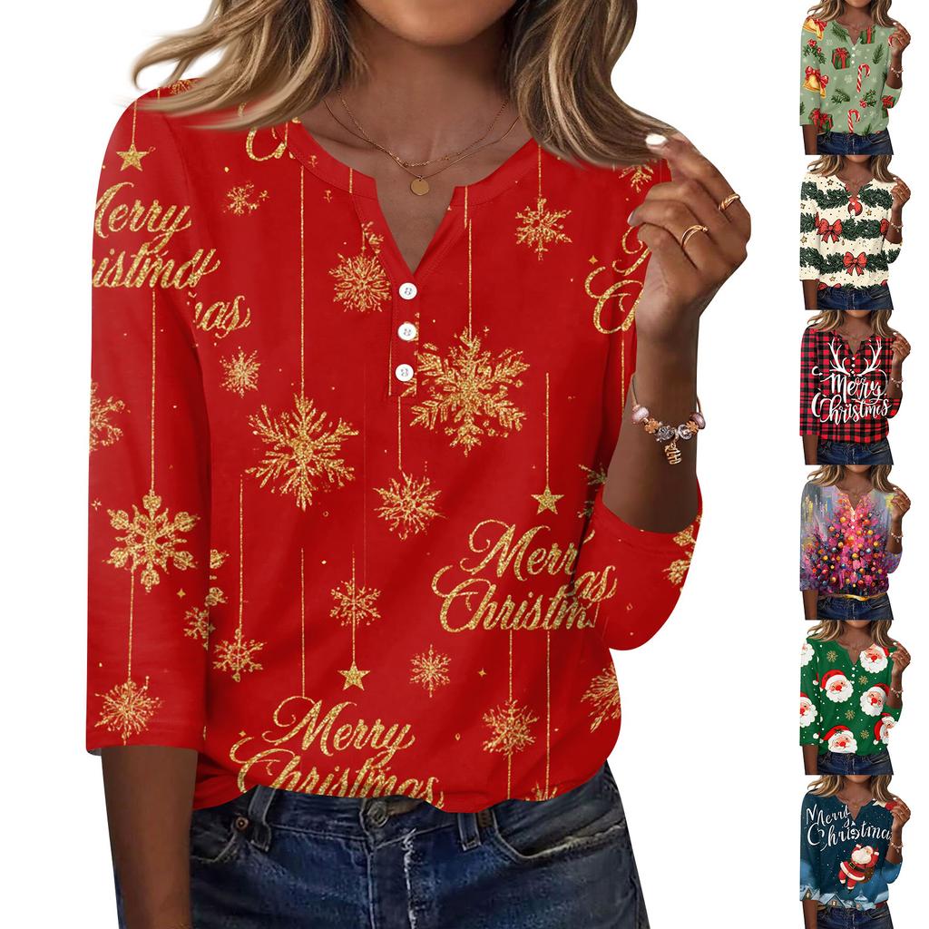Haut Décontracté T-shirt Femme Imprimé Noël Col en V Boutonné Manches Trois-Quarts