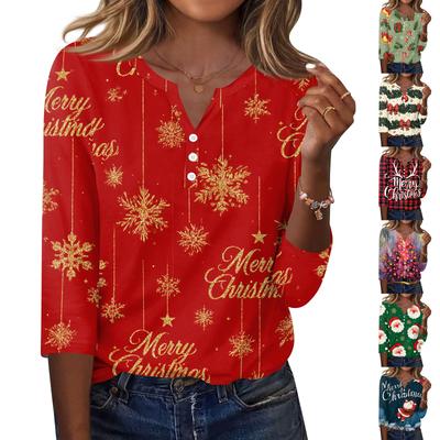 Women's Christmas Print V-Neck Button Three-Quarter Sleeve Casual T-Shirt Top