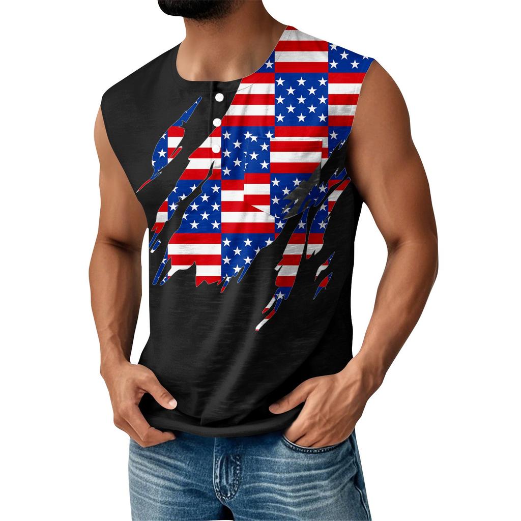 Men's Summer Independence Day Printed Sports Button Pocket Sleeveless Tank Top