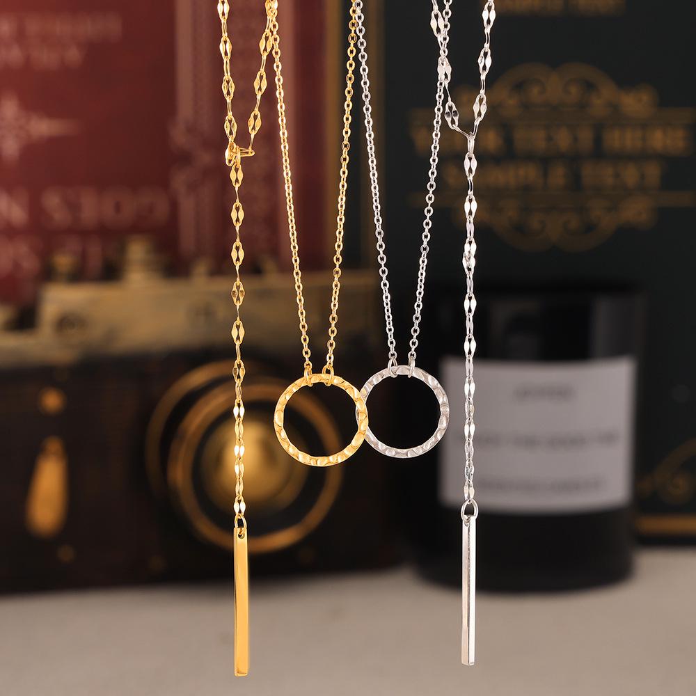 Korean Geometric Circle Pendant Y-Tassel Choker, Layerable Cool Style, Gold-Plated Titanium Steel Necklace