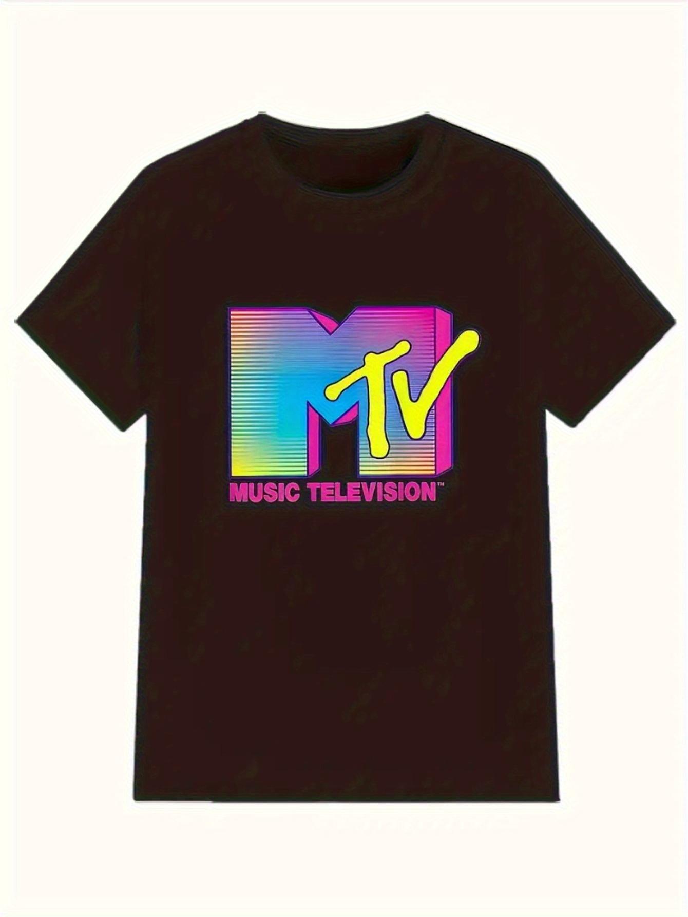Party Ready Retro MTV Graphic T-shirt - Black Cotton Short Sleeve T-shirt with Colorful Logo XXXXL