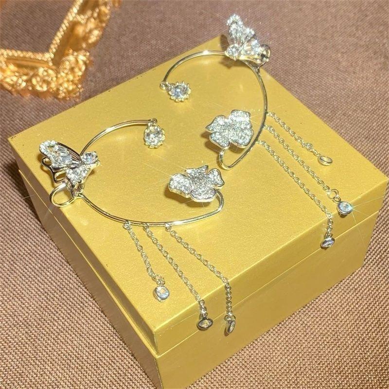 Golden Butterfly Ear Clips with Pendant Diamond Jewelry Gift Wedding Earrings Elegant Handcarved Design Ear Clips Without Piercing