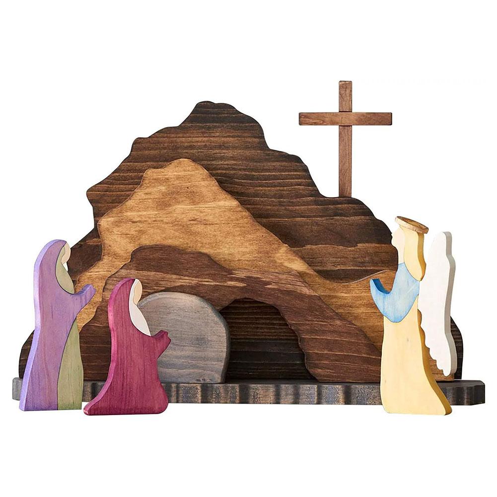 

Wooden Easter Resurrection Scene Set Empty Tomb Cross Jesus Statue Christian Home Tabletop Tiered Tray Decor Religious Gift