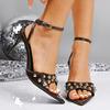 Sexy Pointed Toe Stiletto Heeled Sandals Women Fashion Rivet Decor High Heel Dress Party Shoes Woman Ankle Strap Black Sandalias