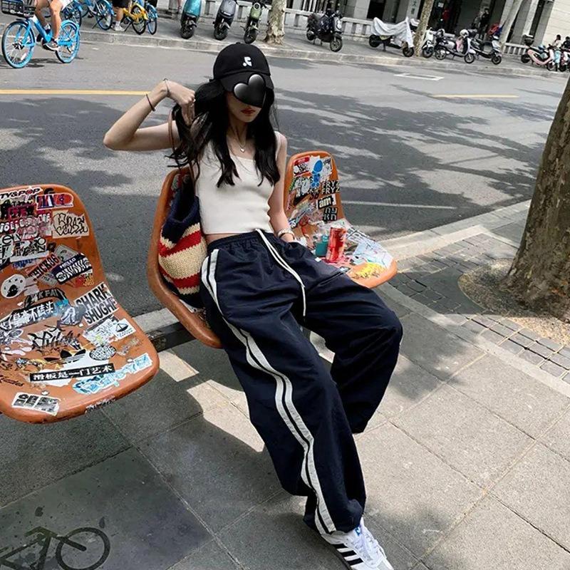 Sweatpants women's summer new high-waisted loose wide-leg pants casual side striped two-wear quick-drying pants