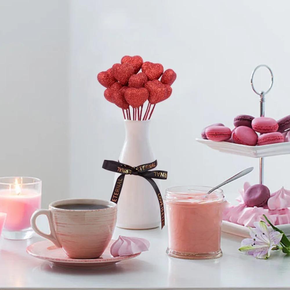 10pcs Red Pink Heart Cake Toppers Love Vase Picks Decor Wedding Flower Bouquet