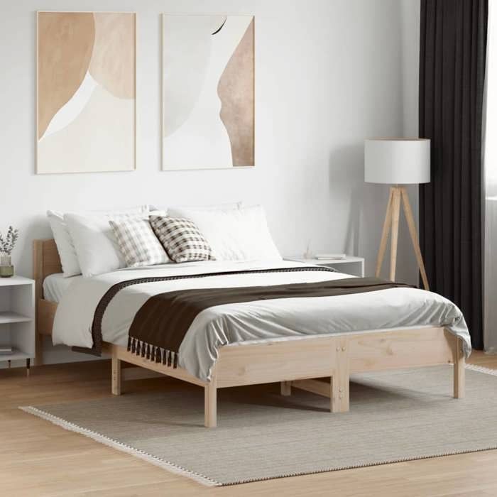 VidaXL Bed Frame with Headboard 135x190 Cm Solid Pine Wood 842606