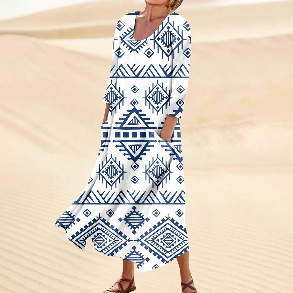 Kleid für Damen, Frühling, Boho, lässig, modisch, 3/4-Ärmel, Kleid für den Urlaub, große Größe