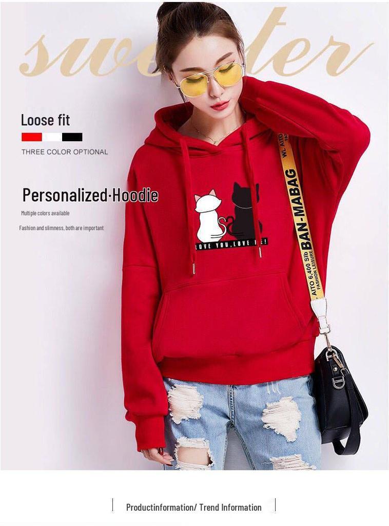 2026 Korean Style Women's Plus Velvet Cat Hoodie - Loose Fit, Thickened, Popular Internet Celebrity Style Jacket