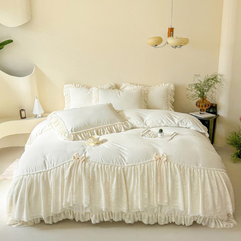 

Корейский стиль Принцесса кружево бант постельный комплект розовый милый девушка шифон оборки пододеяльник простыня наволочка свадьба домашний текстиль Queen 200X230cm 4pcs бежевый