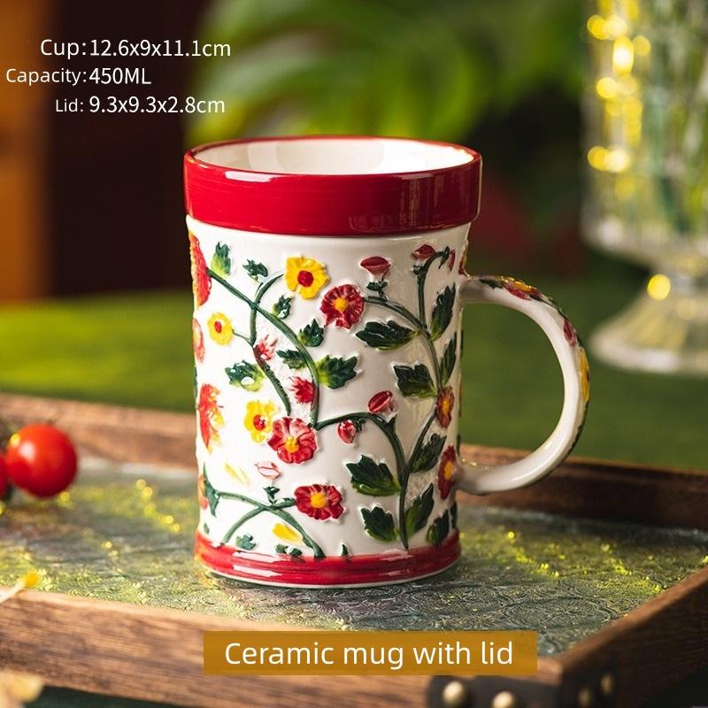Bohemian Style Raised Floral Mug, Large Capacity Colorful Flower Tea Cup with Handle,3D Embossed Floral Ceramic Mug