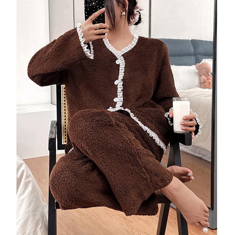 Lace-Trim Women s Pajama Set: Cozy Autumn/Winter Loungewear M