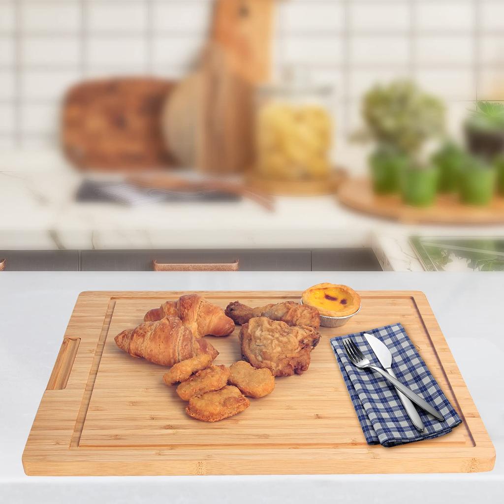 HANKEY Cutting Board, Natural Bamboo with Stand, Grooved, Pizza, Kitchen Board, Antibacterial, Recommended, 42*32*2cm