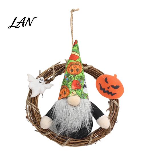 Rustic Halloween Decor Gnome Wreath, Faceless Rattan Hanging Decoration Handmade Wreath with Pumpkin Ghost for Front Door Wall Holiday Party