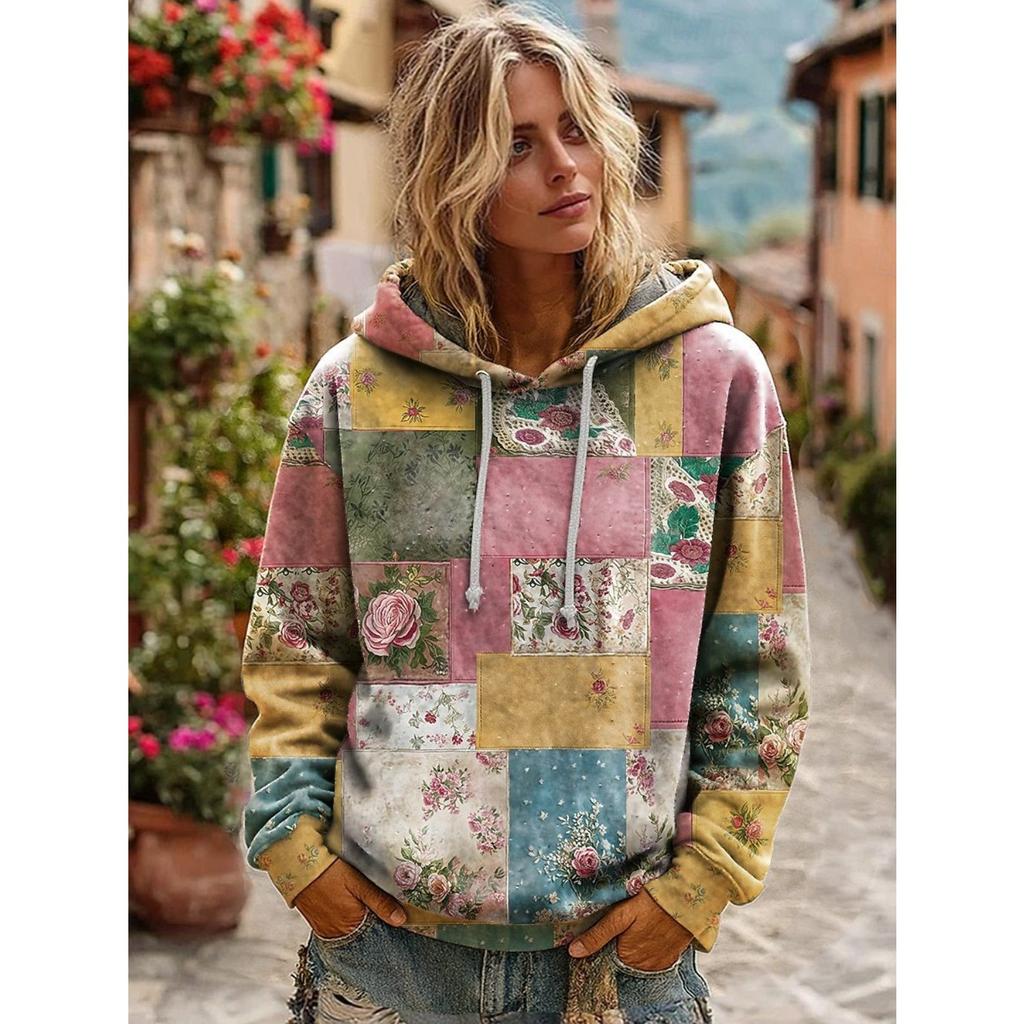 Women's Hooded Long Sleeve Printed Sweatshirt Loose Fit Casual Pullover Top
