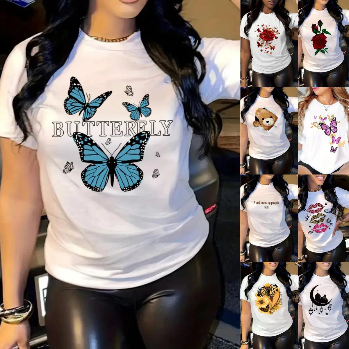 

Butterfly Crew Neck Women s Short Sleeve Top - Free Shipping Size L