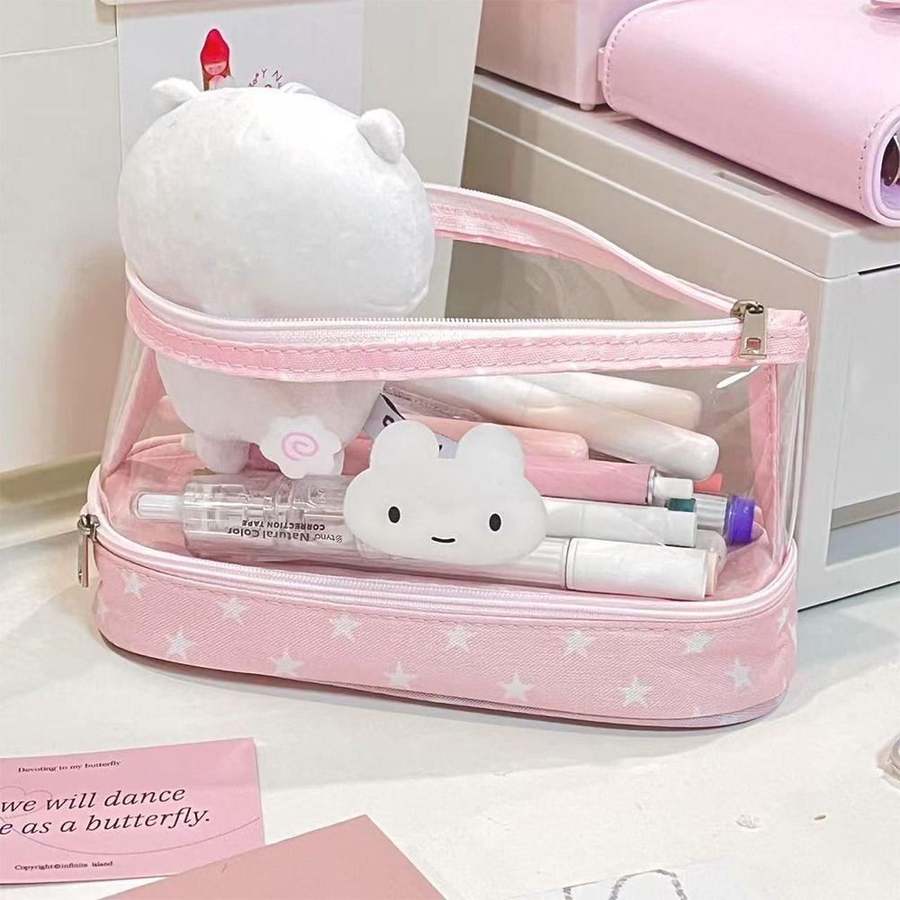 Pink Star Rabbit Pattern Pen Bag Double Layers Stationery Storing Bag Stationery Bag Students