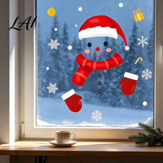 Self Adhesive Glass Stickers Christmas Static Window Clings Smiling Snowman Decals with Snowflake Decorative Patterns Waterproof PVC for Holiday