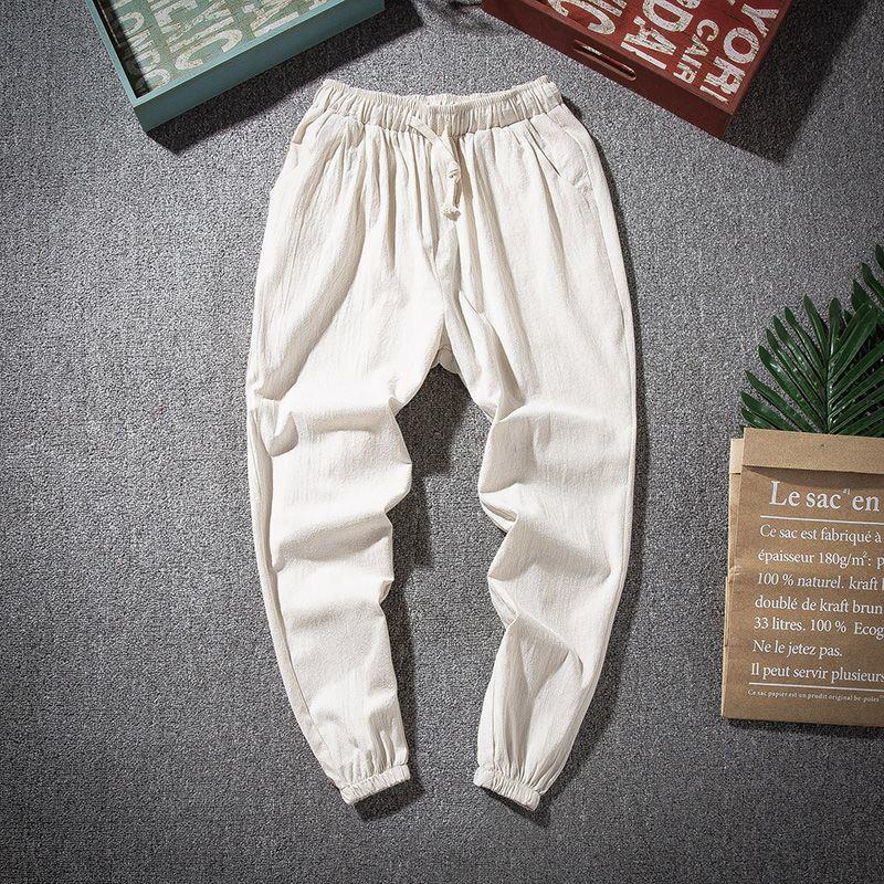Men's Loose Straight Elastic Waist Linen-Cotton Tang Suit Pants for Spring and Summer