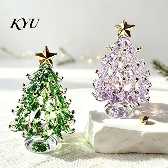 Colorful Glass Tree Art Glazed Christmas Ornament with Star Topper, Party Table Decor Art, Faux Crystal Tabletop for Home Office Holiday Centerpiece