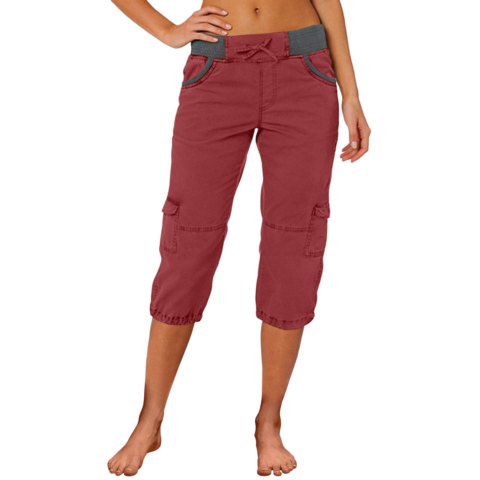 

Women Drawstring Waist Multi Pocket Loose Fit Cargo Capri Pants Casual Relaxed Fit Cropped Trousers for Outdoor Daily Wear XL винний