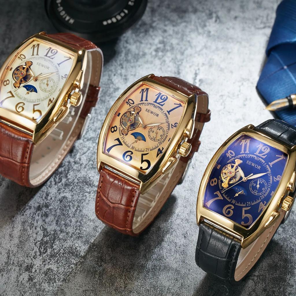 Modny Męski Zegarek Kształt Beczki Wina Lśniący Tourbillon W Pełni Automatyczny Mechanizm Mechaniczny Zegarek Mechaniczny reloj automático