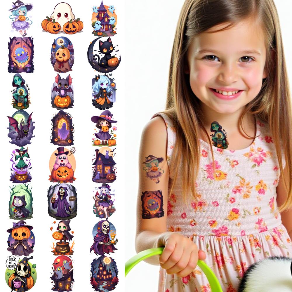 63pcs Halloween Temporary Tattoos Ghost Candy Pumpkin Bat Body Sticker Adult Boys Girl Tattoo Sticker Cosplay Party Sticker Prop