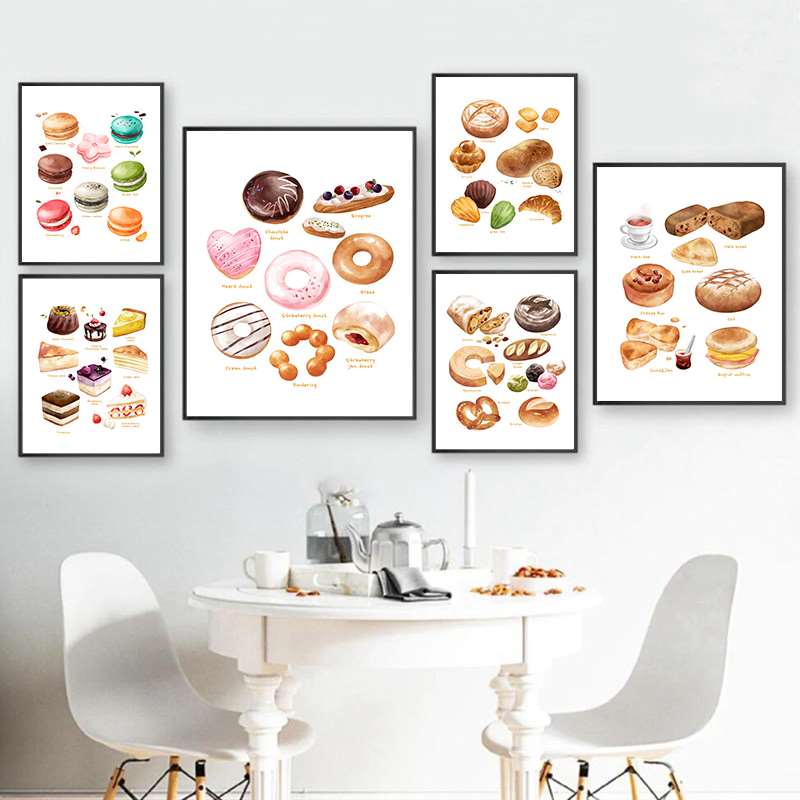 Breakfast Food Posters and  Prints Cake Bread Puff Tea Dessert Wall Art HD Pictures Canvas Painting for Coffee Shop Bakery Decor