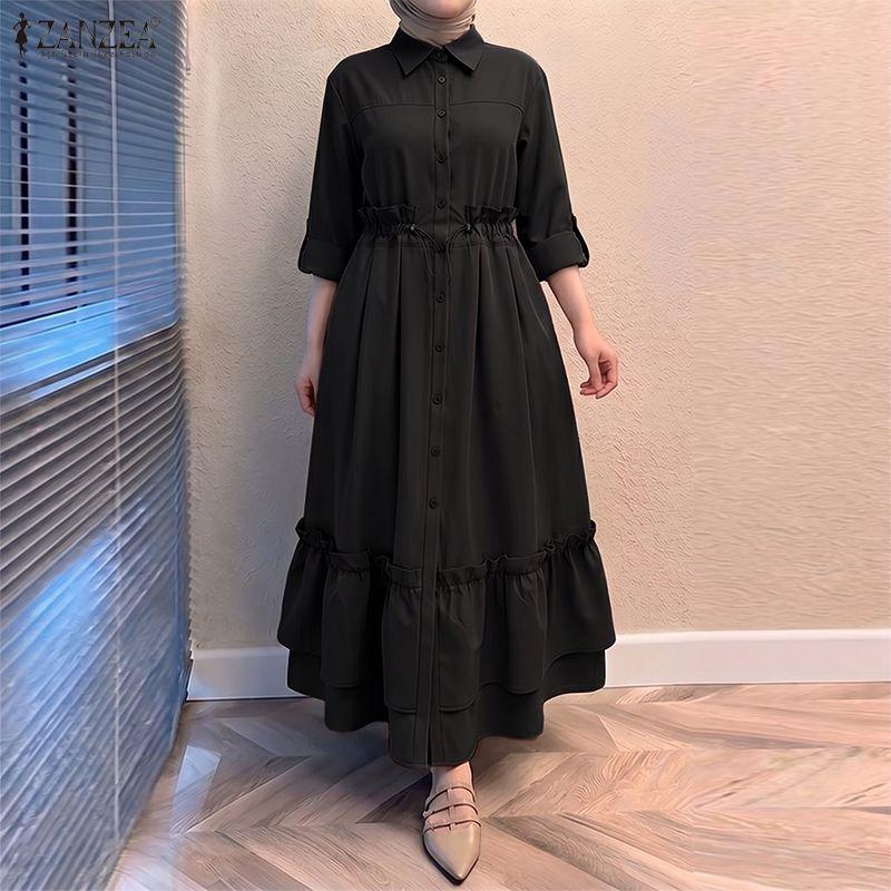 ZANZEA Women Casual Turn Down Collar Loose Long Sleeve Button Long Dress