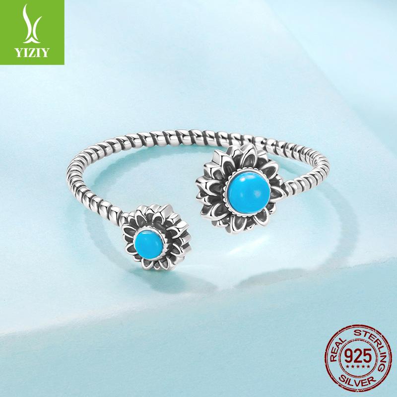 Vintage Sunflower Turquoise Open Ring, Elegant Classical Style S925 Sterling Silver Ring