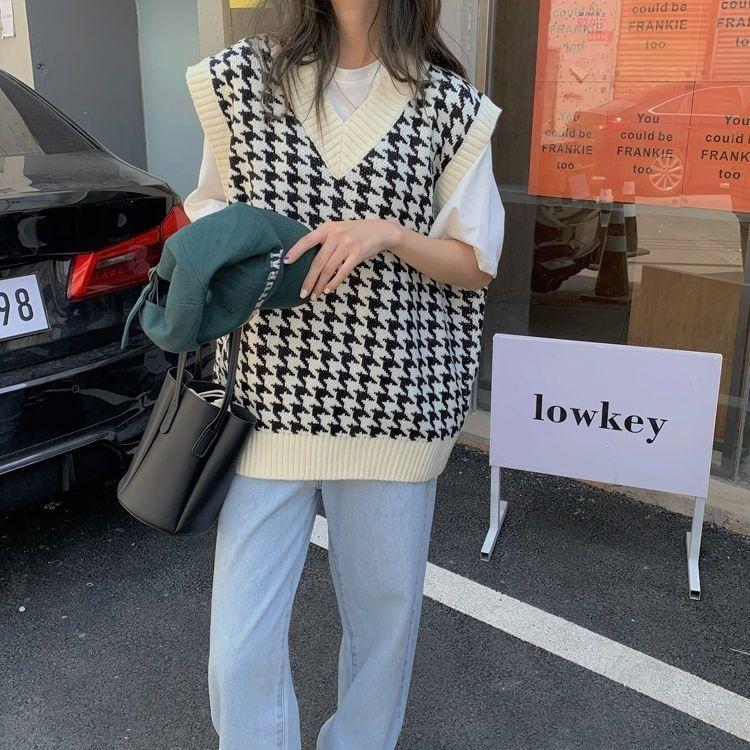 

Вязаный жилет средней длины с узором «Тысяча птиц», женский корейский вариант, новый свободный универсальный свитер с v-образным вырезом, пуловер, женский топ One Size белый