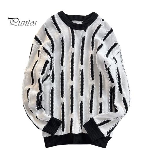 Men Fall Winter Sweater Contrast Color Round Neck Knitted Loose Pullover Elastic Thermal Sweater for Daily Wear School Sport Outdoor
