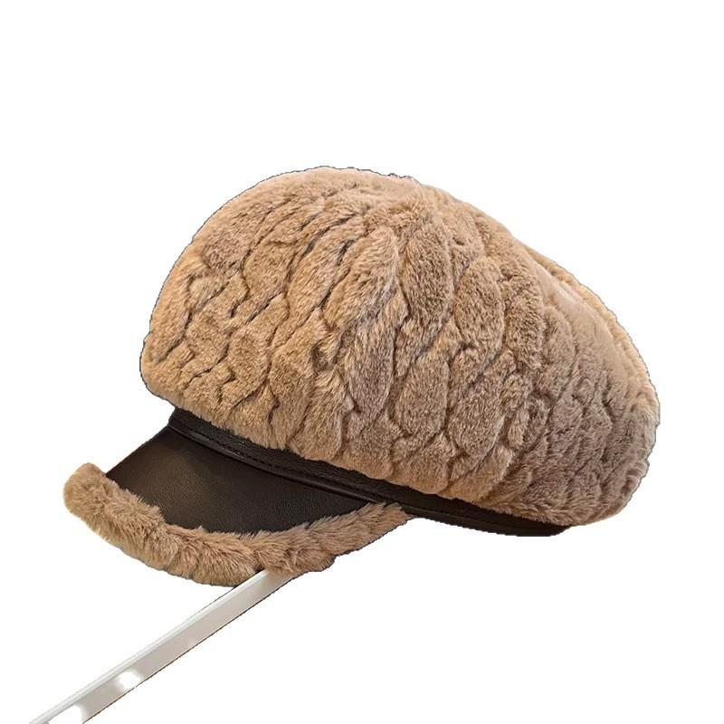 Plüsch-Baskenmütze für Damen mit breiter Krempe und rundem Oberteil für die Herbst- und Wintermode