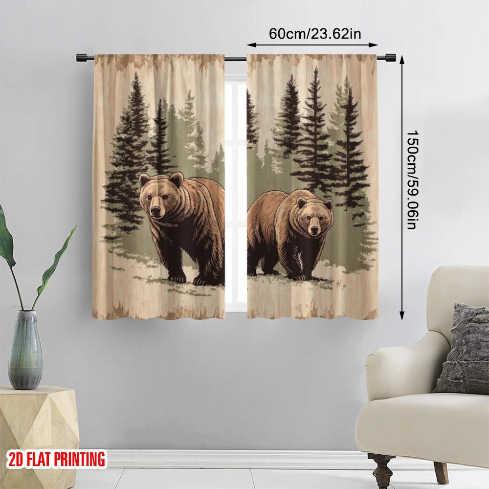 2pcs,2D Plane Printing Contemporary Curtains Forest Bears Duo 100% Polyester (without Rod) Gifts for Living Room, Bedroom, and