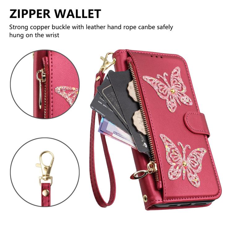 Glitzer Schmetterling Reißverschluss Veganes Leder Handyhülle Für Galaxy A07 4G / A06 5G / A06 4G, Kartenhalter Handgelenkschlaufe Stoßfeste Hülle