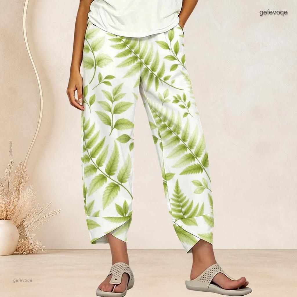 Women Plus Size Loose Deer And Leaf Printed Cross Hem Cropped Pants