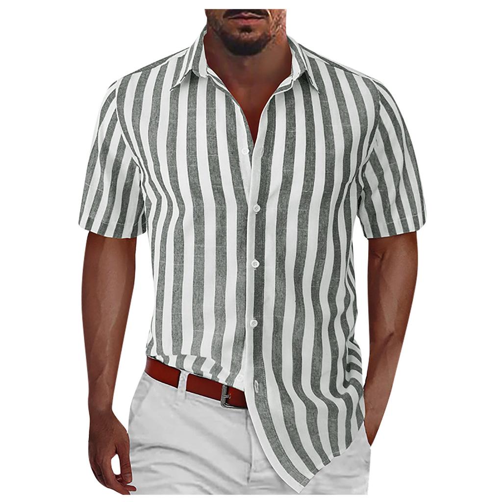 Mens Casual Lightweight Striped Short Sleeve Shirt Button Down Cotton Dress Shirt