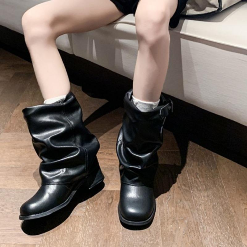 Retro Block Heel Western Booties Women Spring Summer New Square Toe Foot Metal Buckle Pleated Mid Cylinder Stack Boots
