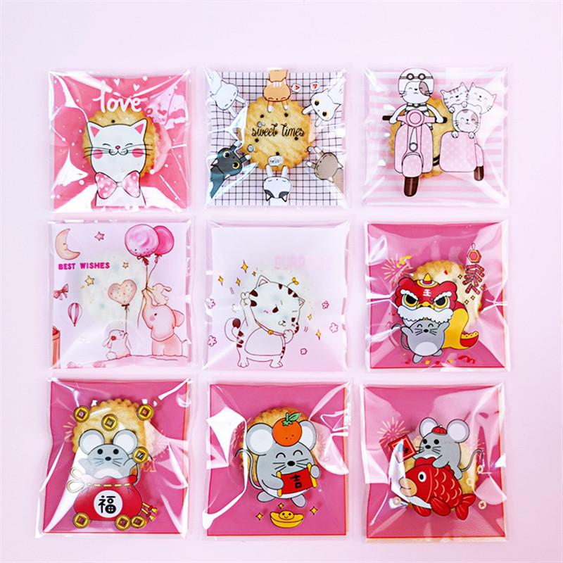 100 Pcs 7x7+3cm Plastic Cartoon Self-Adhesive Bag Bakery Packaging Cookie Snack Candy Bags For Wedding Party Gift