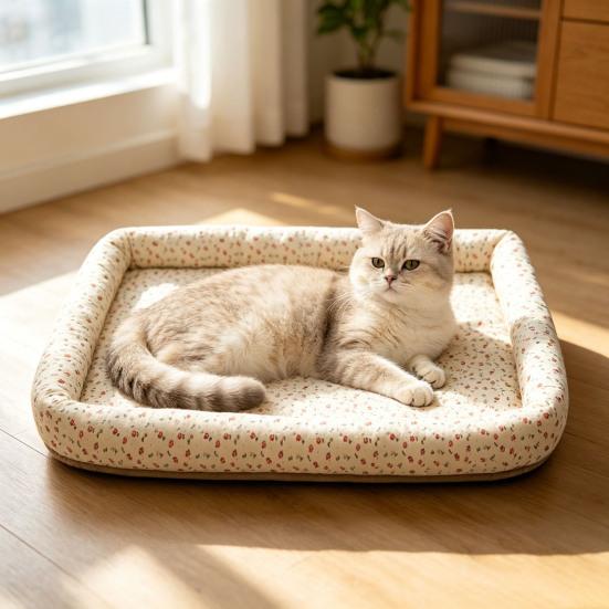 Quilted Cat Bed Breathable Floral Pet Lounger Machine Washable Pet Bed with Raised Edges for Cats Small Dogs