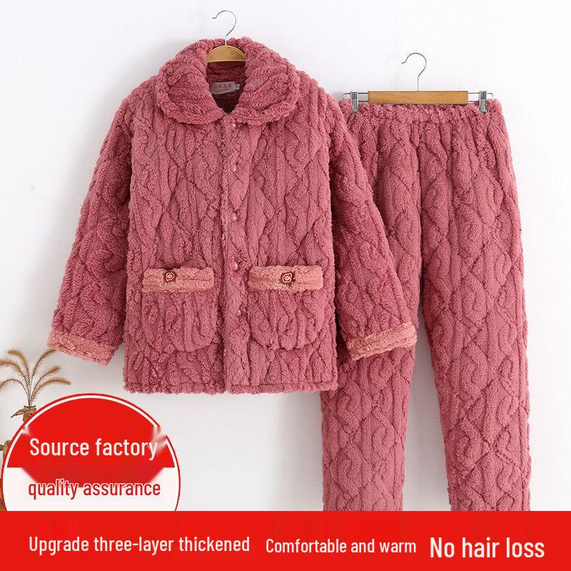 Three-Layer Fleece-Lined Quilted Winter Pajama Set for Elderly Women - Warm Coral Fleece Home Wear & Outerwear